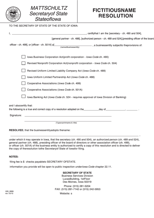 Fillable Form 635_9999 - Fictitious Name Resolution - 2010 Printable pdf