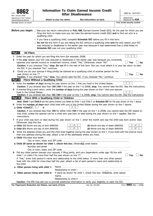 Fillable Form 8862 - Information To Claim Earned Income Credit After Disallowance - 2009 Printable pdf
