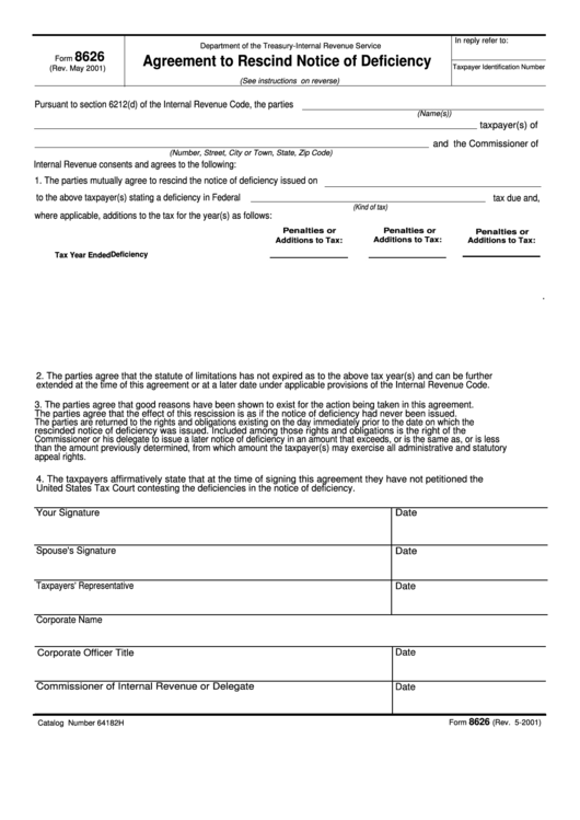 Fillable Form 8626 - Agreement To Rescind Notice Of Deficiency Printable pdf