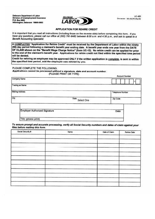 Fillable Form Uc-400 - Application For Rehire Credit Printable pdf