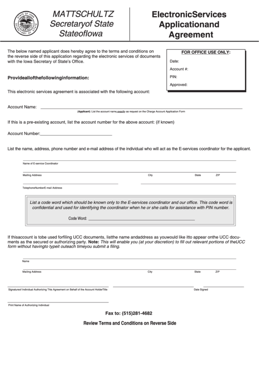 Fillable Form 635_0092 - Electronic Services Application And Agreement - 2011 Printable pdf