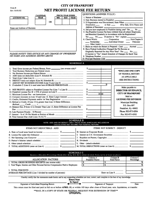Form 8 - Net Profit License Fee Return - City Of Frankfort Printable pdf