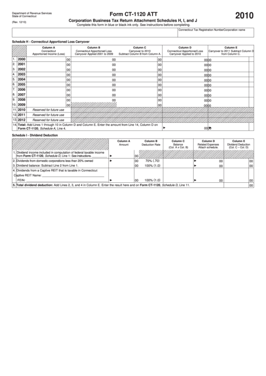 Form Ct-1120 Att - Corporation Business Tax Return Attachment Schedules H, I And J - 2010 Printable pdf
