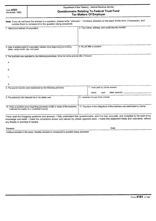 Form 4181 - Questionnaire Relating To Federal Trust Fund Tax Matters Of Employer Printable pdf
