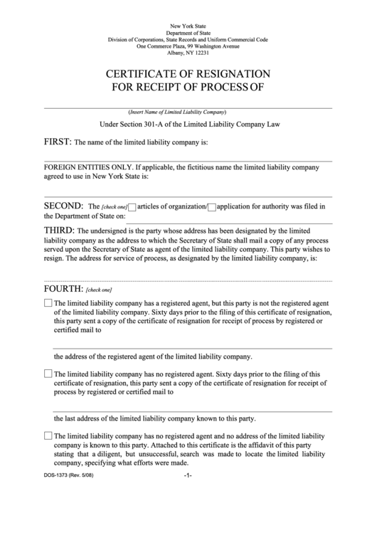 Fillable Form Dos-1373 - Certificate Of Registration For Receipt Of Process Printable pdf