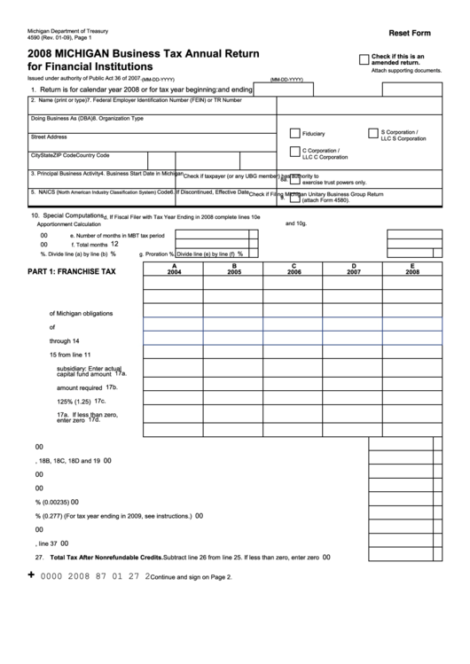 Fillable Form 4590 - 2008 Michigan Business Tax Annual Return For Financial Institutions - Michigan Department Of Treasury Printable pdf