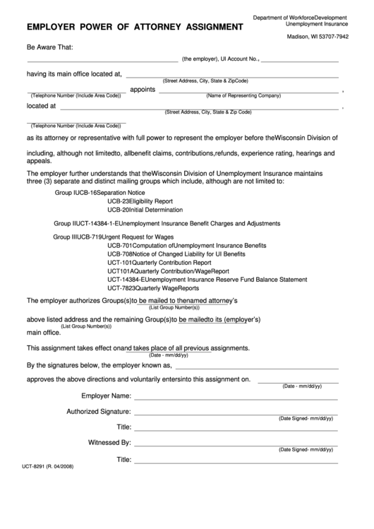 Form Uct-8291 - Employer Power Of Attorney Assignment Printable pdf