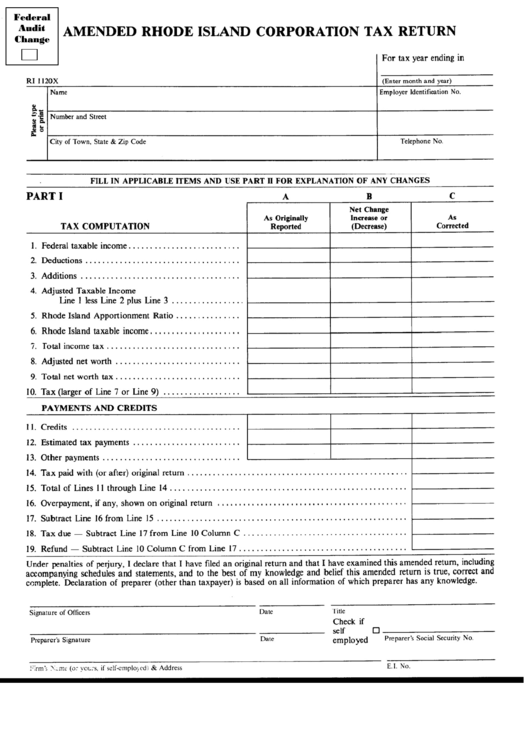 Amended Rhode Island Corporation Tax Return Form - Rhode Island Printable pdf