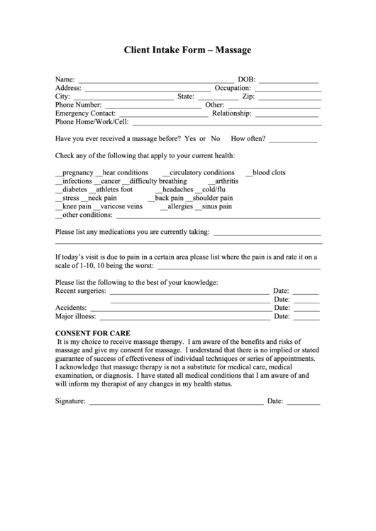 Client Intake Form - Massage Printable pdf