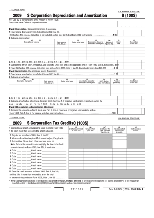 Fillable California Schedule B (100s) - S Corporation Depreciation And Amortization - 2009 Printable pdf