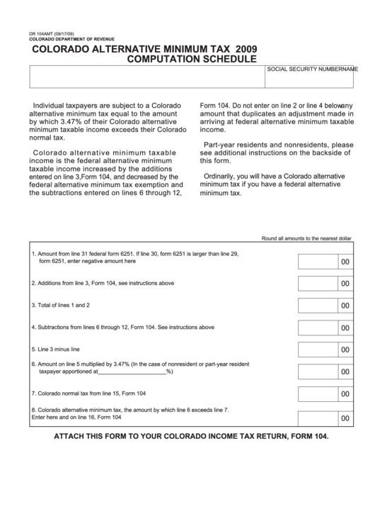 Form Dr 104amt - Colorado Alternative Minimum Tax Computation Schedule - 2009 Printable pdf