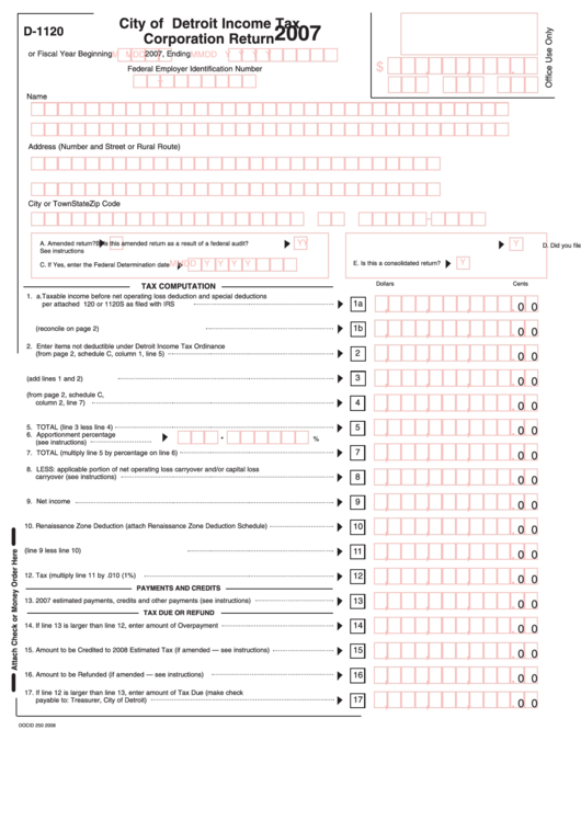 Form D-1120 - Income Tax Corporation Return - City Of Detroit - 2007 Printable pdf