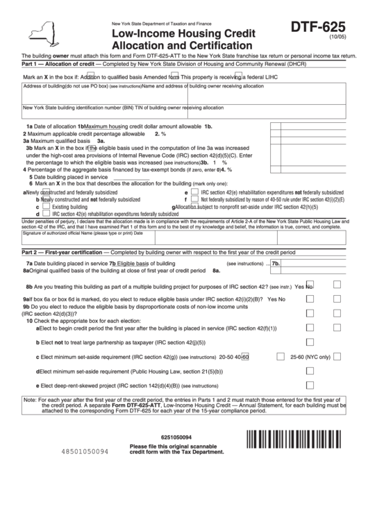 Fillable Form Dtf-625 - Low-Income Housing Credit Allocation And Certification October 2005 Printable pdf