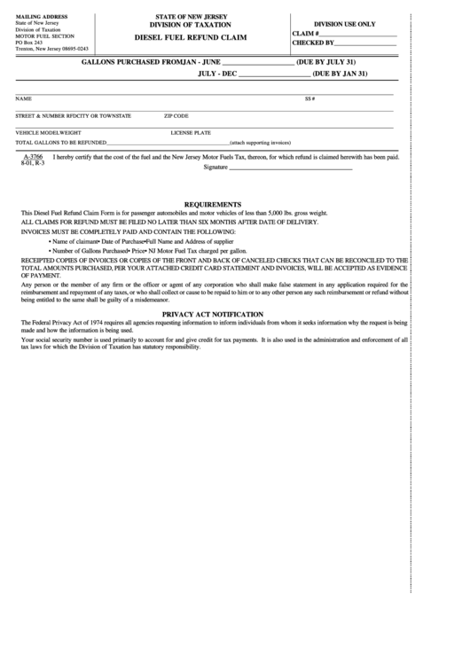 Fillable Form A-3766 - Diesel Fuel Refund Claim August 2001 Printable pdf