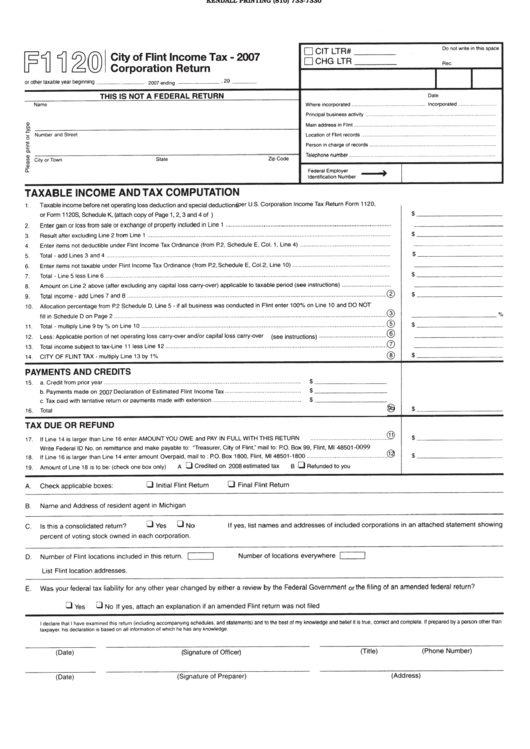Form F1120 - City Of Flint Income Tax - Corporation Return 2007 Printable pdf