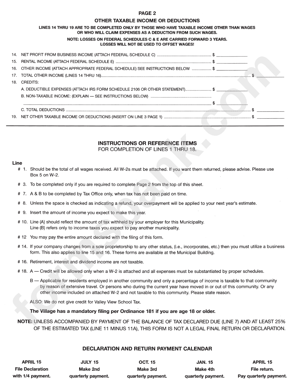 Income Tax Worksheet - Village Of Germantown - Wisconsin