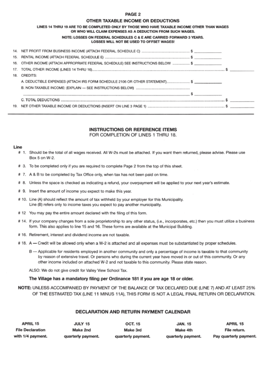 Income Tax Worksheet - Village Of Germantown - Wisconsin Printable pdf