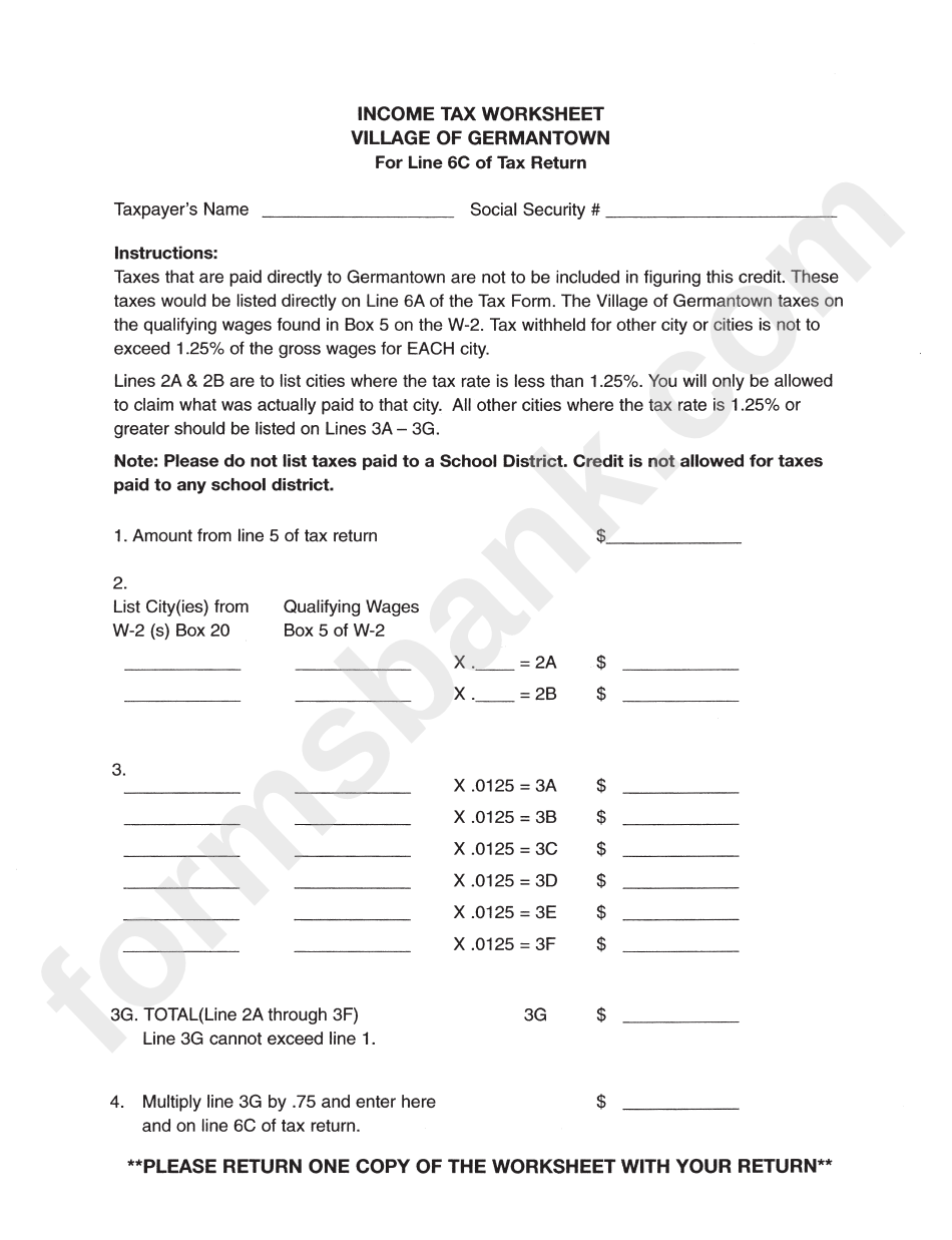 Income Tax Worksheet - Village Of Germantown - Wisconsin