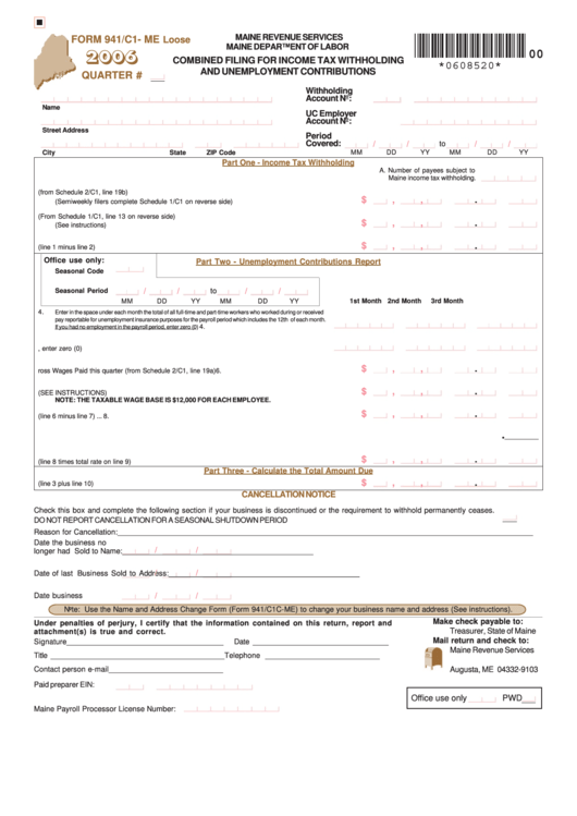 Form 941/c1 - Me Loose - Combined Filing For Income Tax Withholding And Unemployment Contributions - 2006 Printable pdf