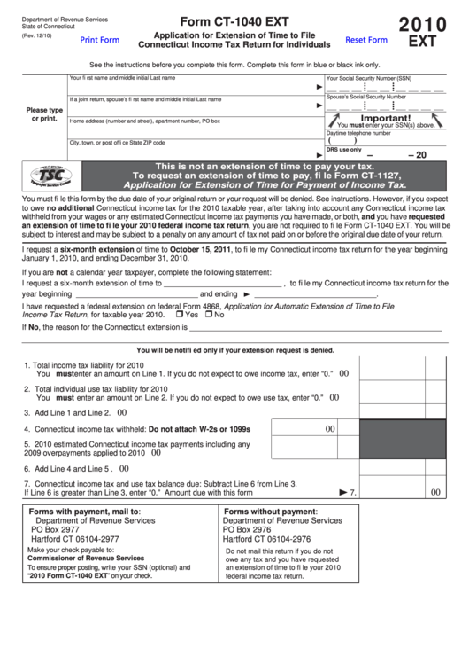 Fillable Form Ct-1040 Ext - Application For Extension Of Time To File Connecticut Income Tax Return For Individuals - 2010 Printable pdf