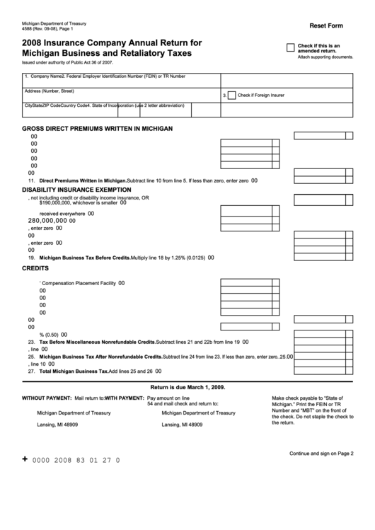 Fillable Form 4588 - Insurance Company Annual Return Formichigan Business And Retaliatory Taxes - 2008 Printable pdf