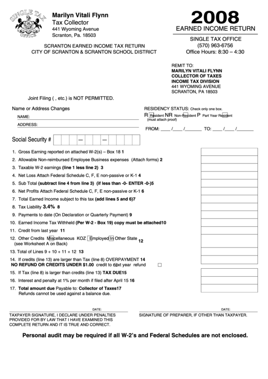 Scranton Earned Income Tax Return Form - Income Tax Division - 2008 Printable pdf