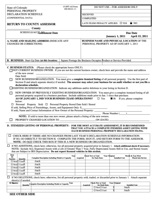 Fillable 15 Dpt-As Form Ds 056 - Personal Property Declaration Schedule - 2011 Printable pdf