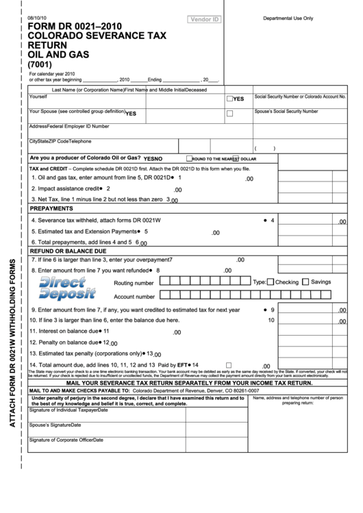 Form Dr 0021-2010 - Colorado Severance Tax Return Oil And Gas - 2010 Printable pdf
