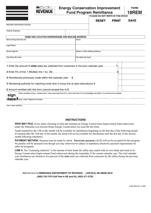 Fillable Form 18rem - Energy Conservation Improvement Program Remittance - Department Of Revenue - Nebraska Printable pdf