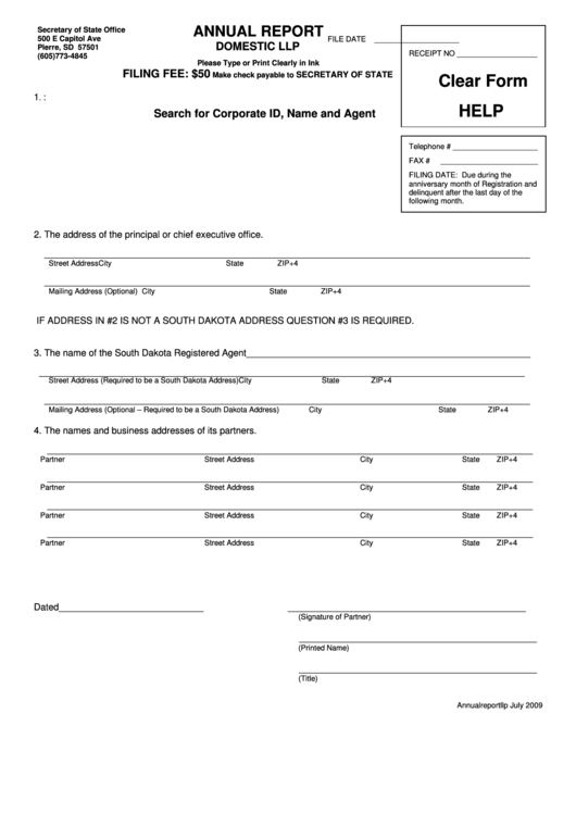 Fillable Annual Report Domestic Llp Form - South Dakota Secretary Of State - 2009 Printable pdf