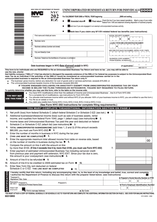 Fillable Form Nyc 202 Ez - Unincorporated Business Tax Return For Individuals - 2008 Printable pdf