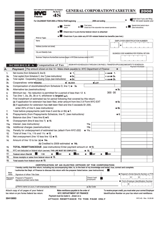 Fillable Form Nyc-4s - General Corporation Tax Return - 2008 Printable pdf
