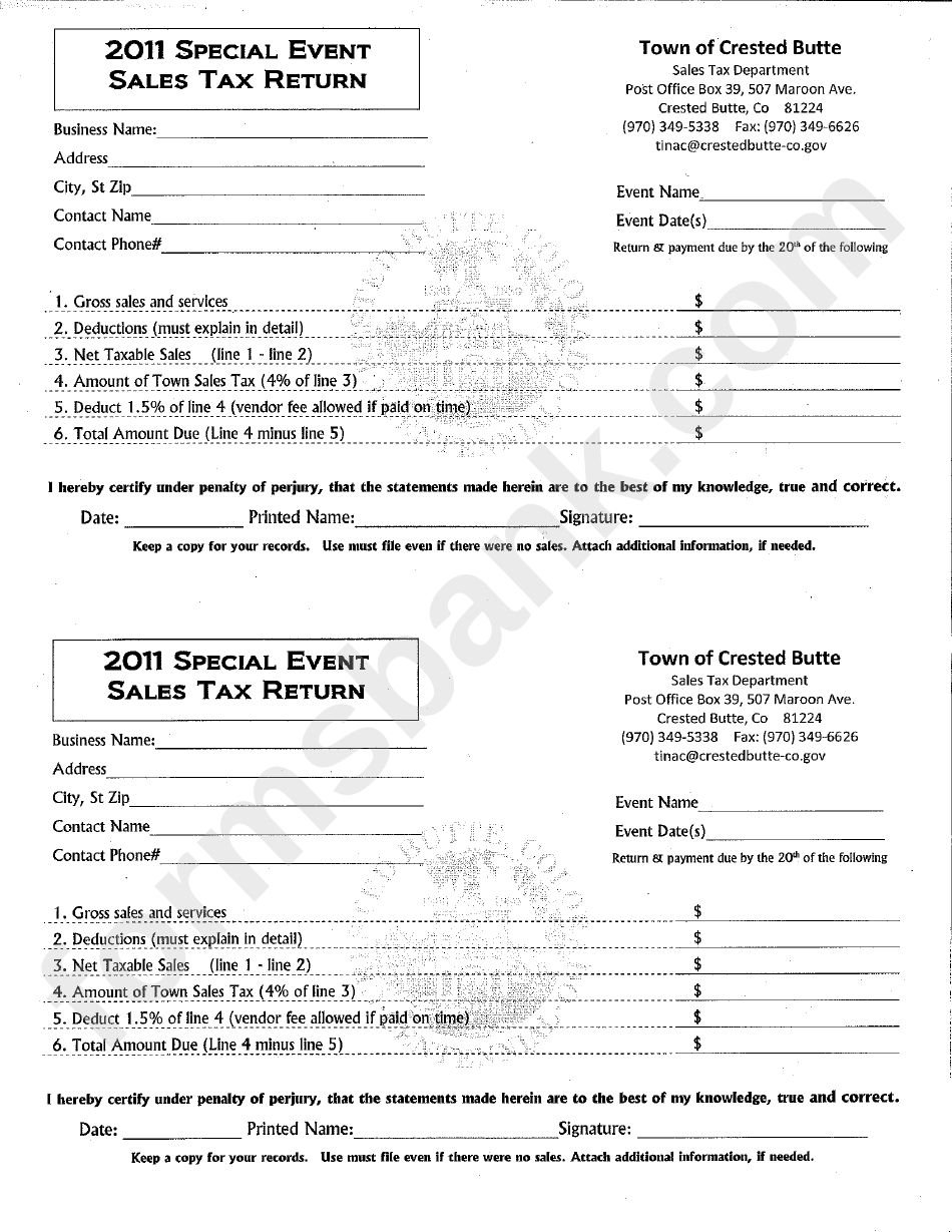 2011 Special Event Sales Tax Return Form - Crested Butte - Colorado
