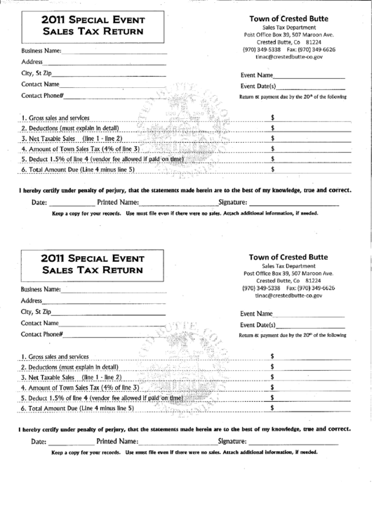2011 Special Event Sales Tax Return Form - Crested Butte - Colorado Printable pdf
