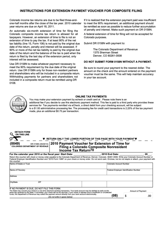 Fillable Form Dr 0158n - 2010 Payment Voucher For Extension Of Time For Filing A Colorado Composite Nonresident Income Tax Return - Colorado Department Of Revenue Printable pdf
