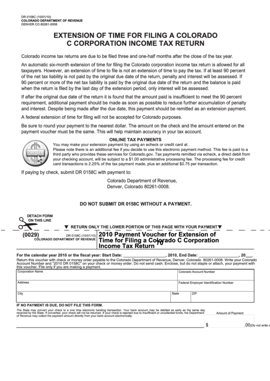 Fillable Form Dr 0158c - Payment Voucher For Extension Of Time For Filing A Colorado C Corporation Income Tax Return - 2010 Printable pdf