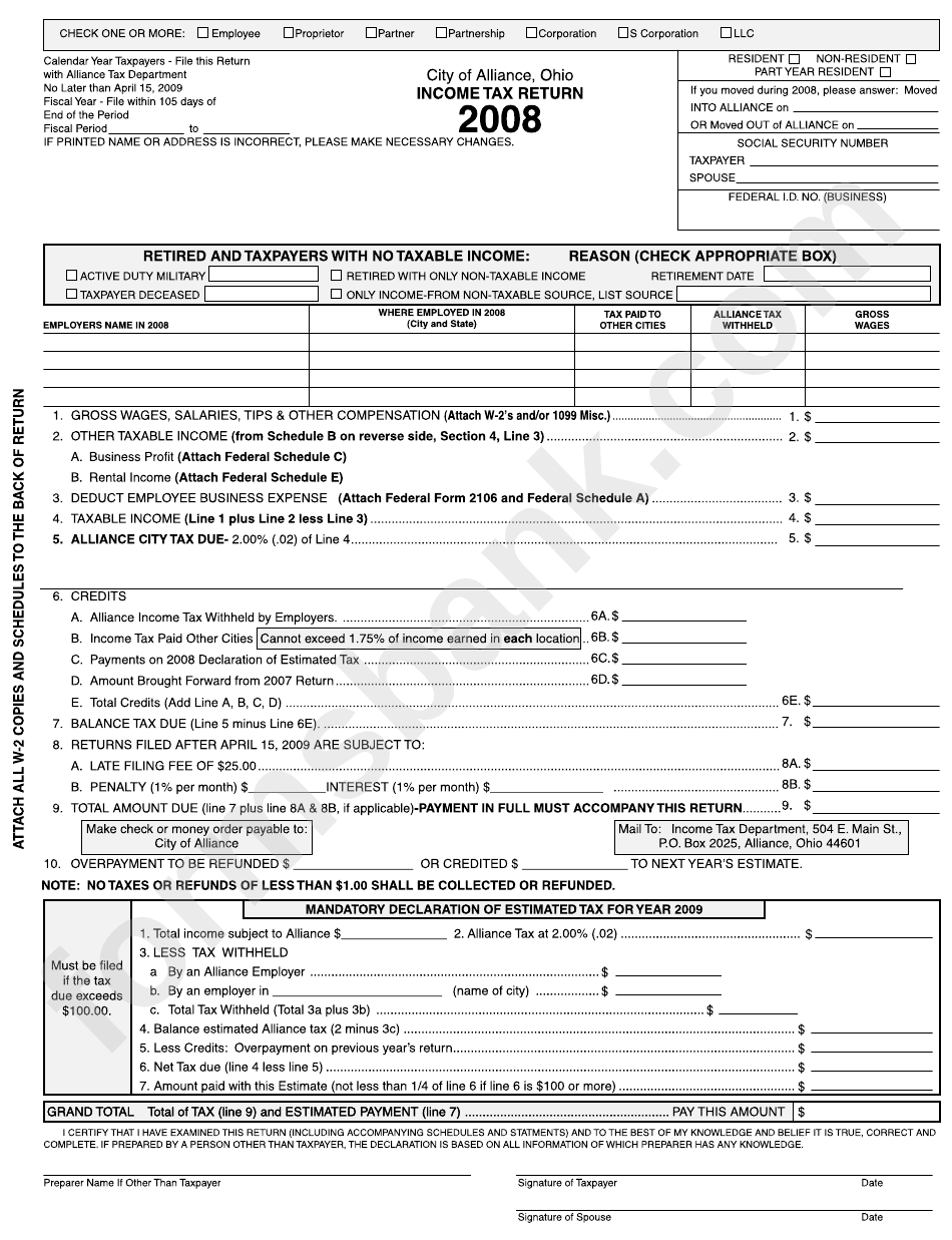 Income Tax Return Form - Alliance - Ohio