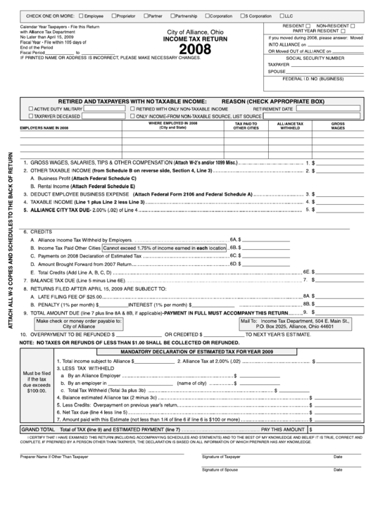 Income Tax Return Form - Alliance - Ohio Printable pdf