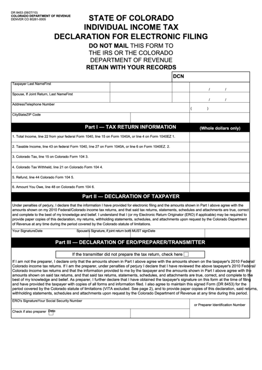 Form Dr 8453 - Individual Income Tax Declaration For Electronic Filing - 2010 Printable pdf