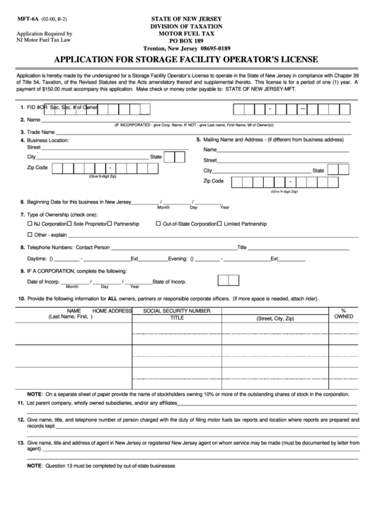 Fillable Form Mft-6a - Application For Storage Facility Operator