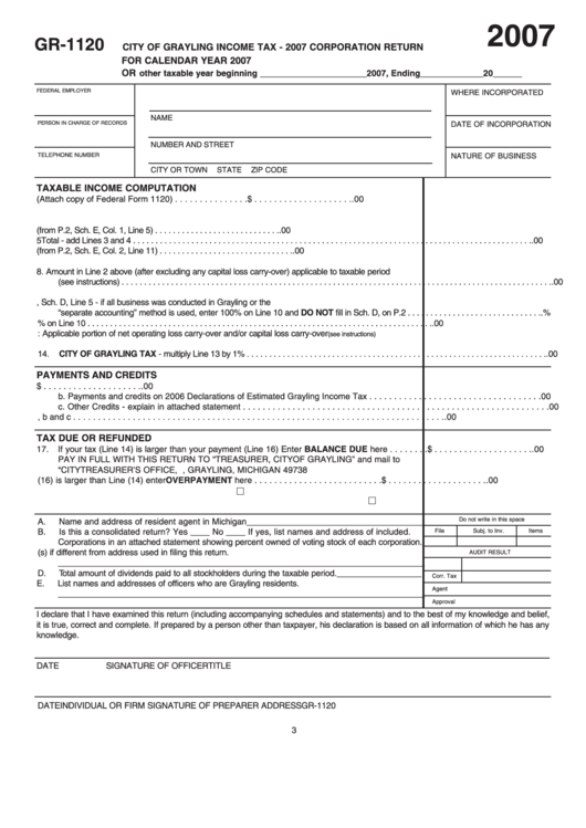 Form Gr-1120 - Corporation Return - City Of Grayling Income Tax - 2007 Printable pdf