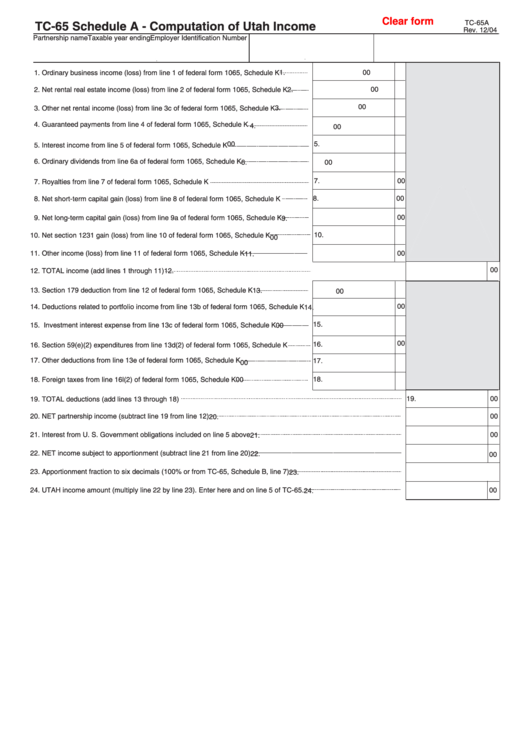 Fillable Form Tc-65 - Schedule A Computation Of Utah Income Printable pdf