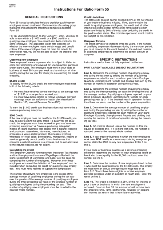 Instructions For Idaho Form 55 - 2004 Printable pdf