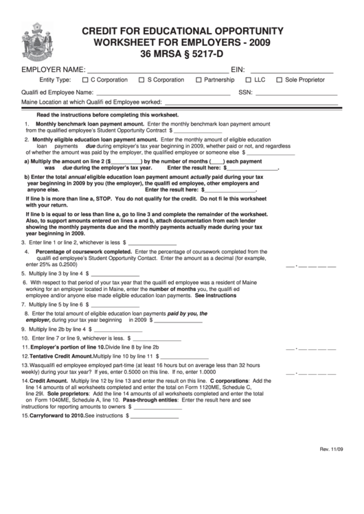 Credit For Educational Opportunity Worksheet For Employers - 2009 Printable pdf