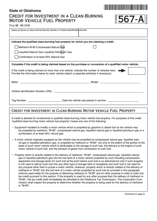 Fillable Form 567-A - Credit For Investment In A Clean-Burning Motor Vehicle Fuel Property - 2009 Printable pdf