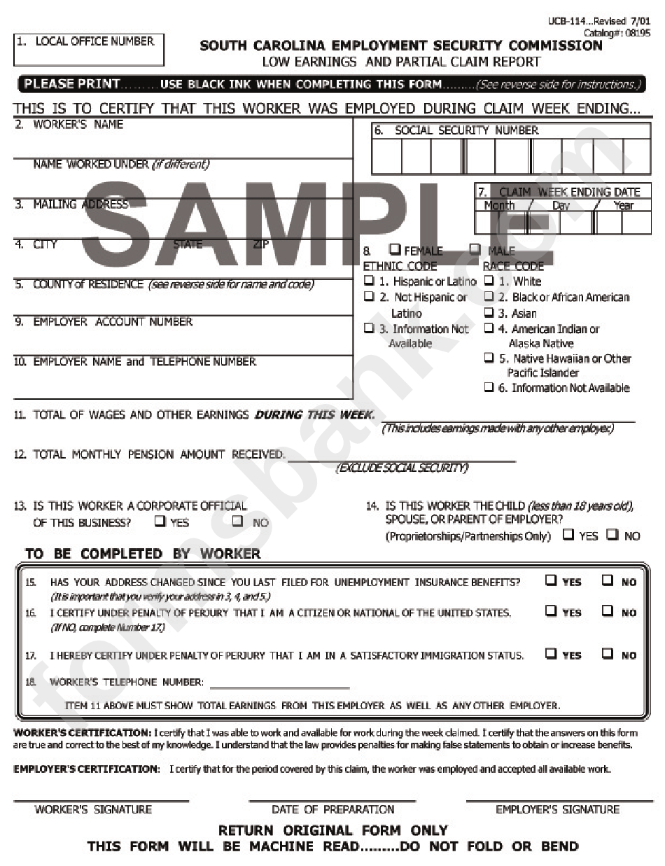 Form Ucb-114 - South Carolina Employment Security Comission