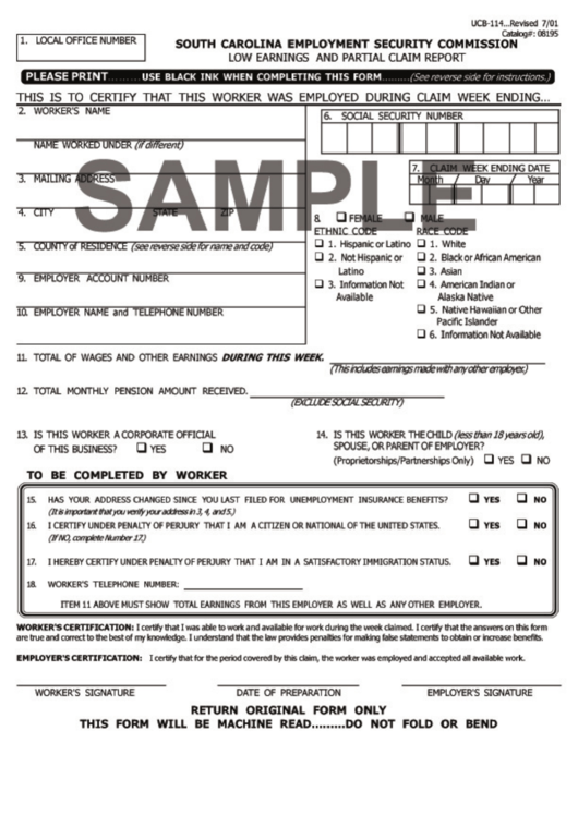 Form Ucb-114 - South Carolina Employment Security Comission Printable pdf