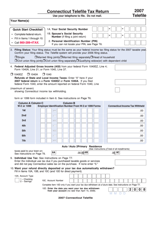 Connecticut Telefile Tax Return Form - 2007 Printable pdf