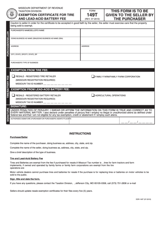 Fillable Form 149t - Exemption Certificate For Tire And Lead-Acid ...