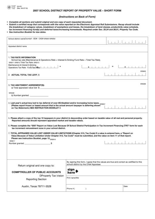 Fillable Form 50-251 - 2007 School District Report Of Property Value - Short Form Printable pdf